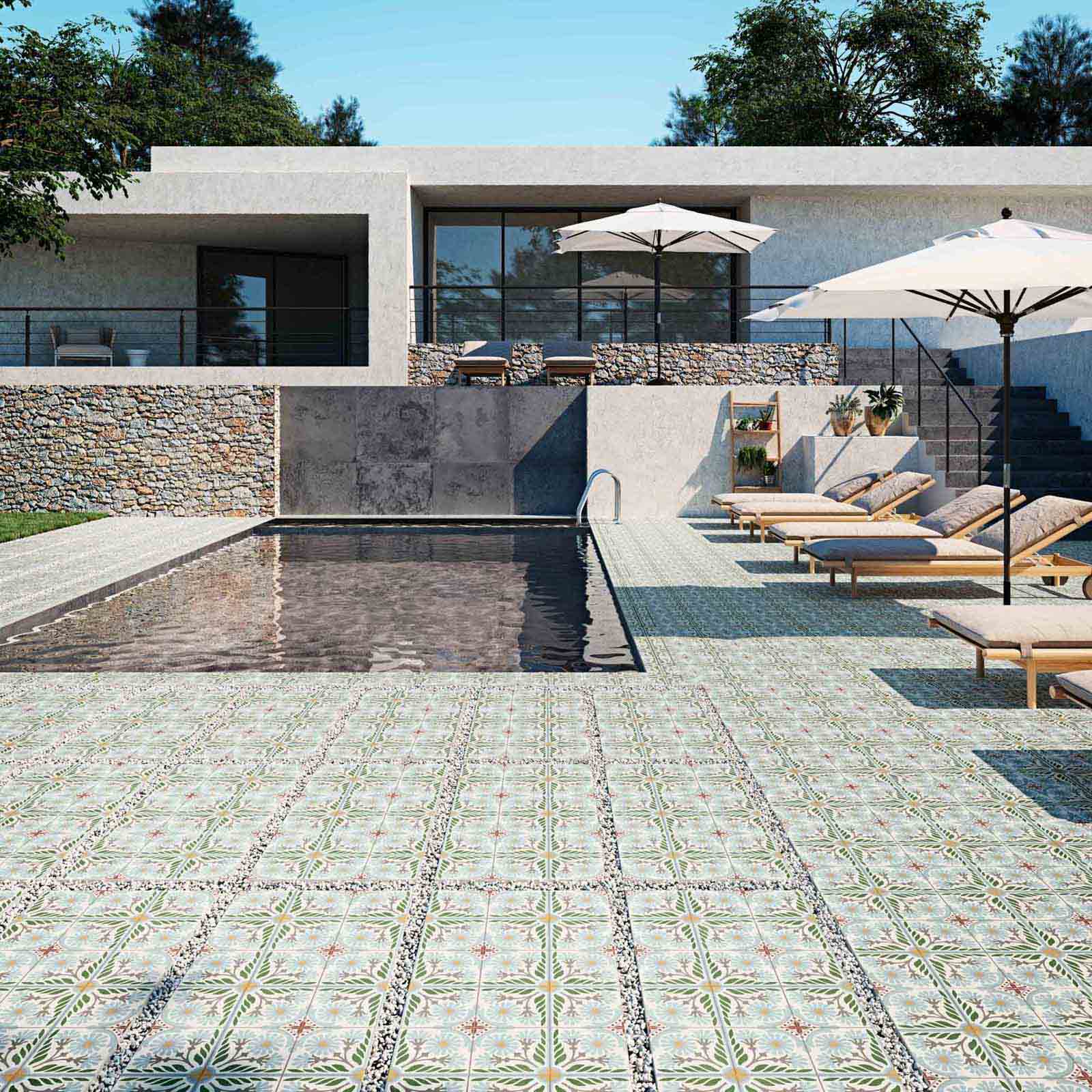 piscina con suelo hidráulico verde moderna y resistente