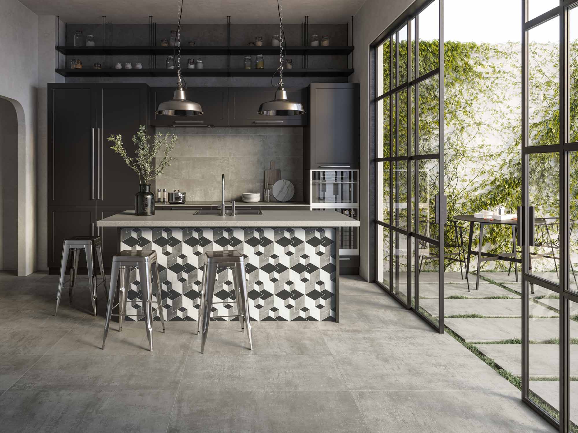 suelo gris porcelánico de Aparici en la cocina