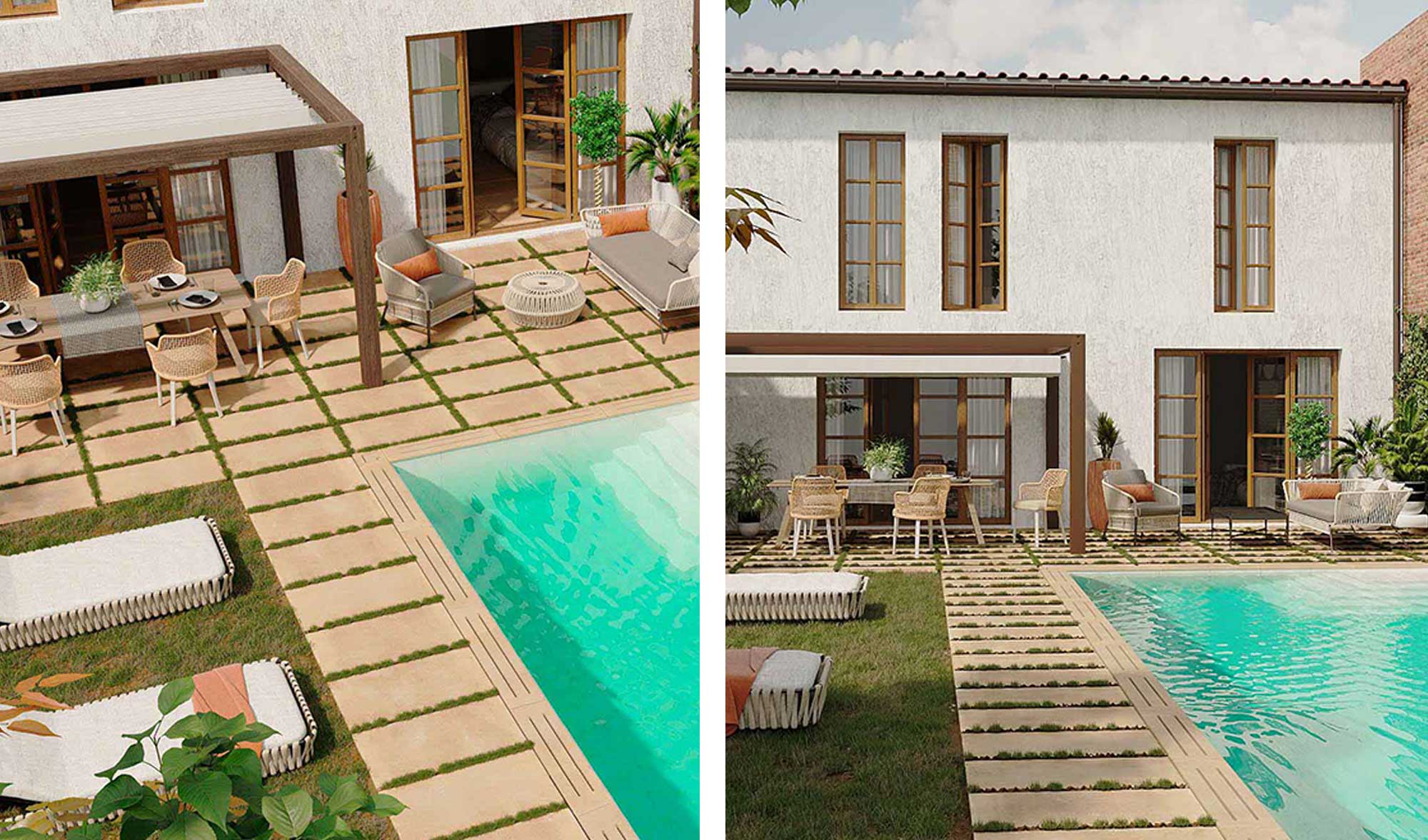 swimming pool and terrace of each with rustic porcelain tiles