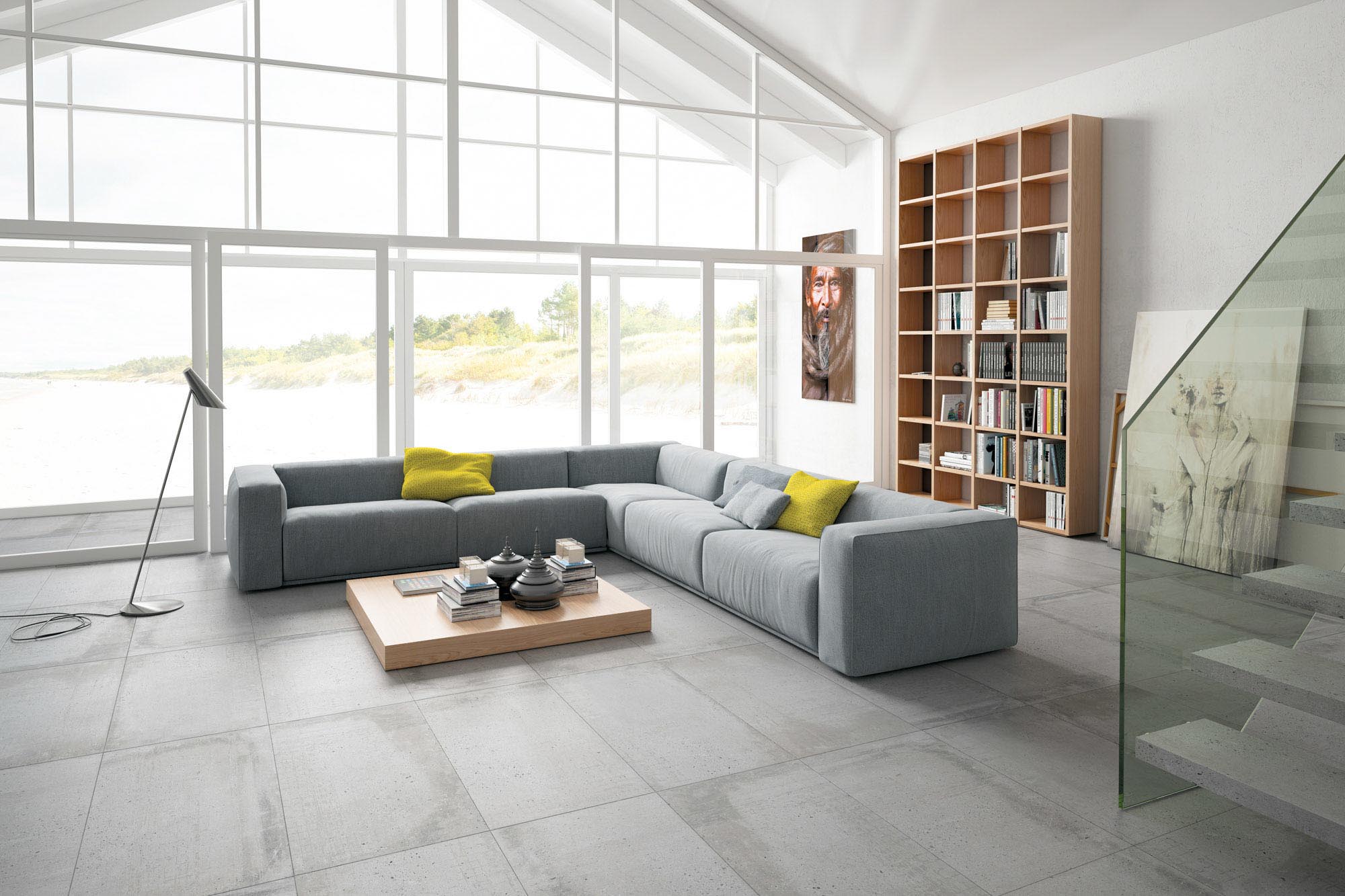 grey porcelain tile floor in the living room 