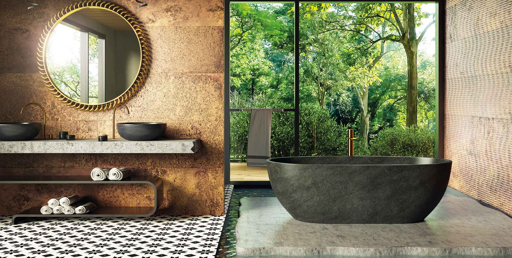 baño de estilo industrial con azulejos efecto piedra y metal
