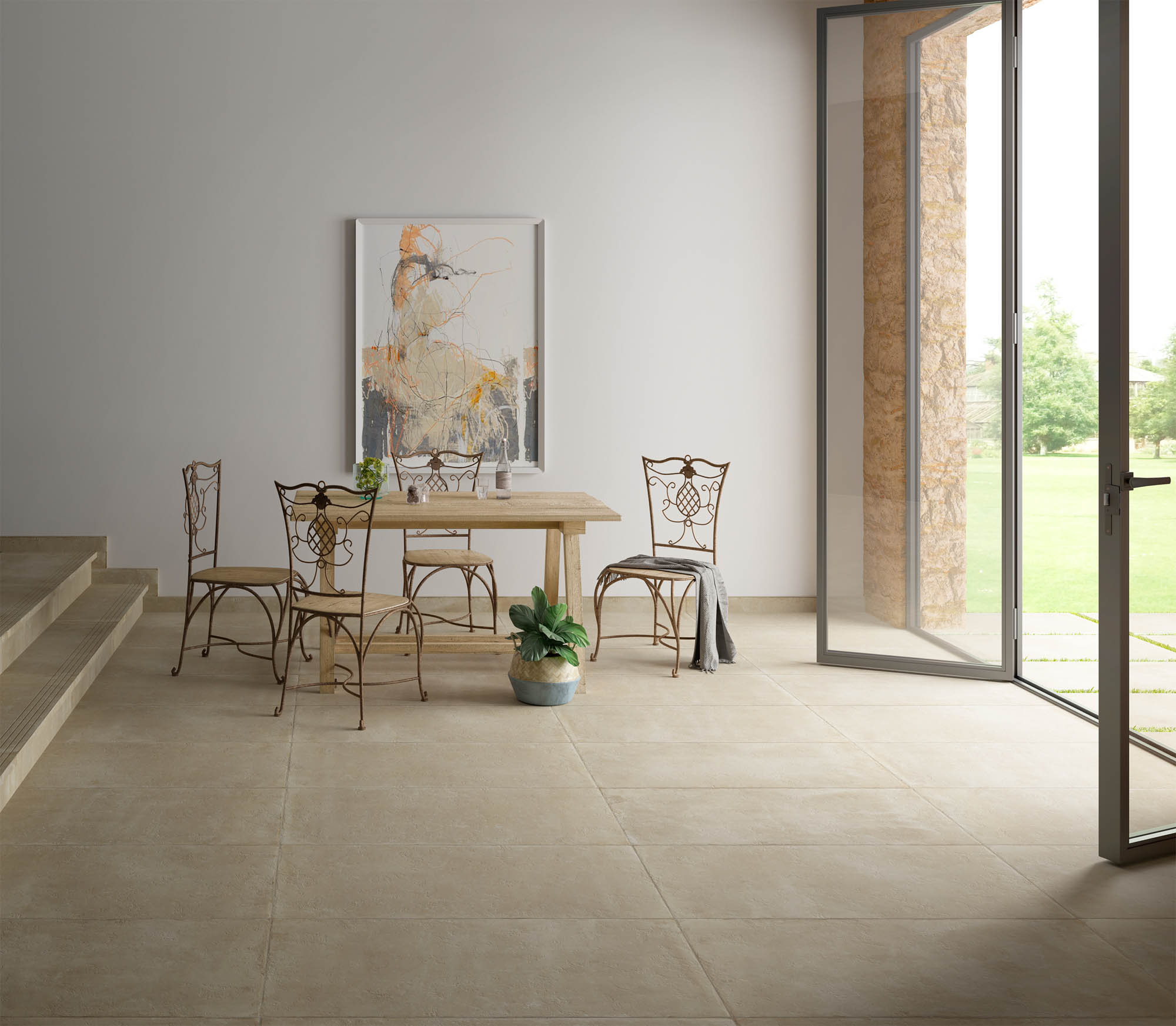 interior and exterior floor in the same style with rustic tiles