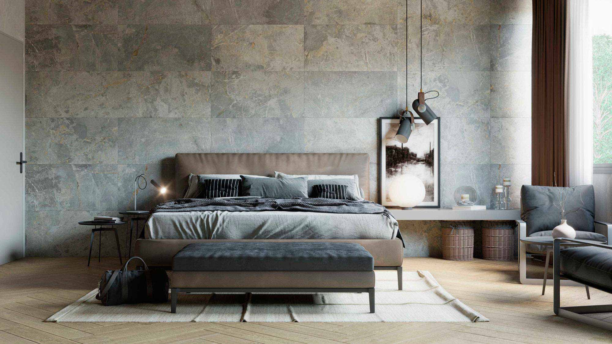 double bedroom stone type porcelain tile headboard Aparici