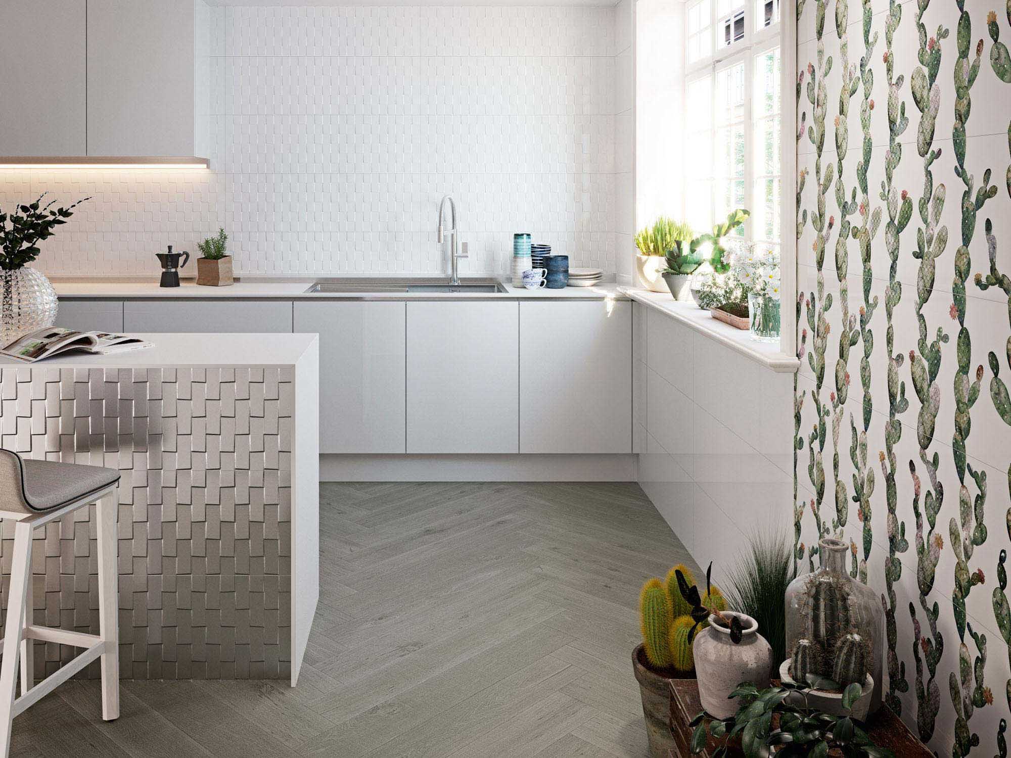 cocina blanca con azulejos en el suelo tipo madera resistentes