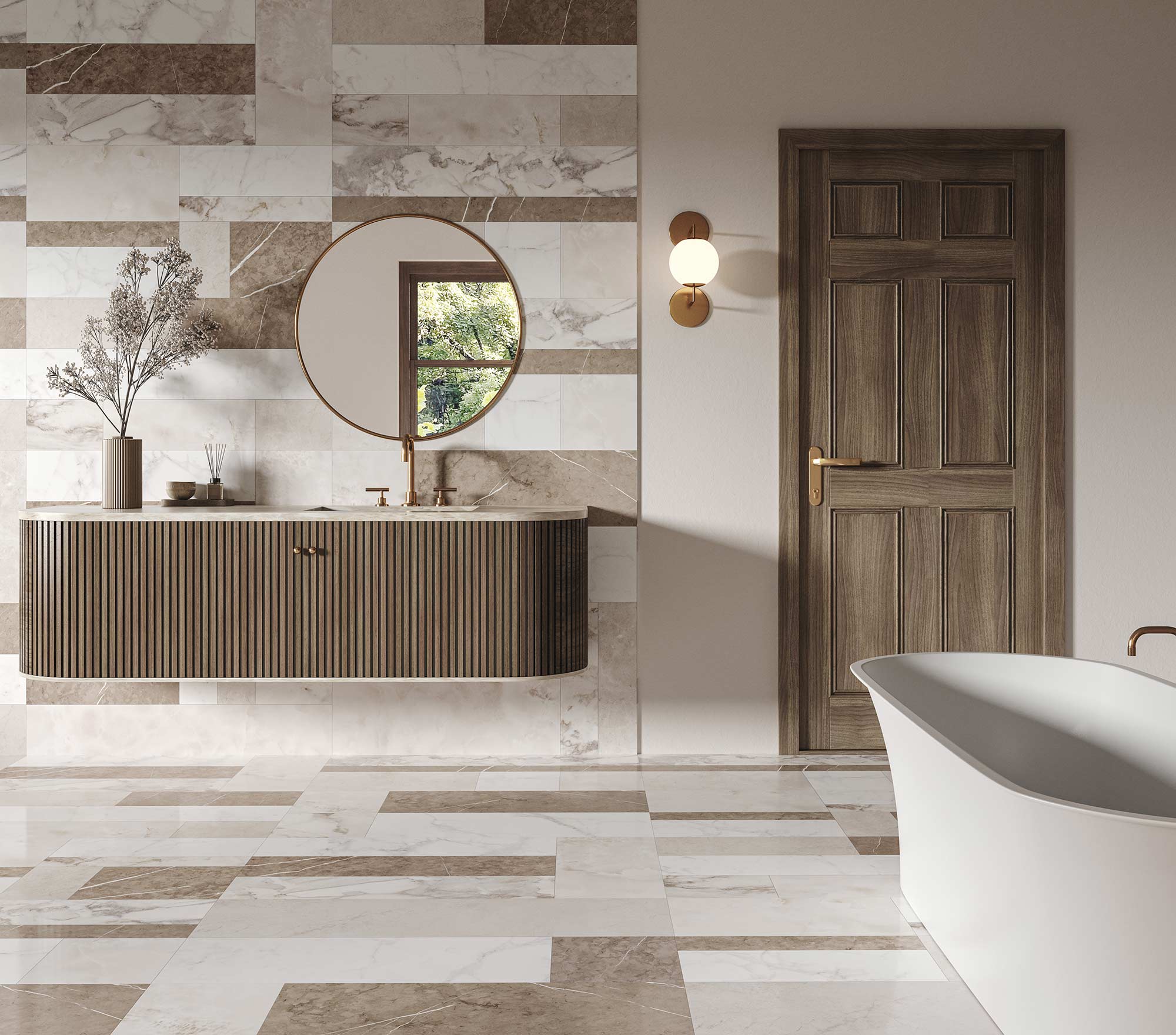 baño de mármol blanco y beige con muebles madera