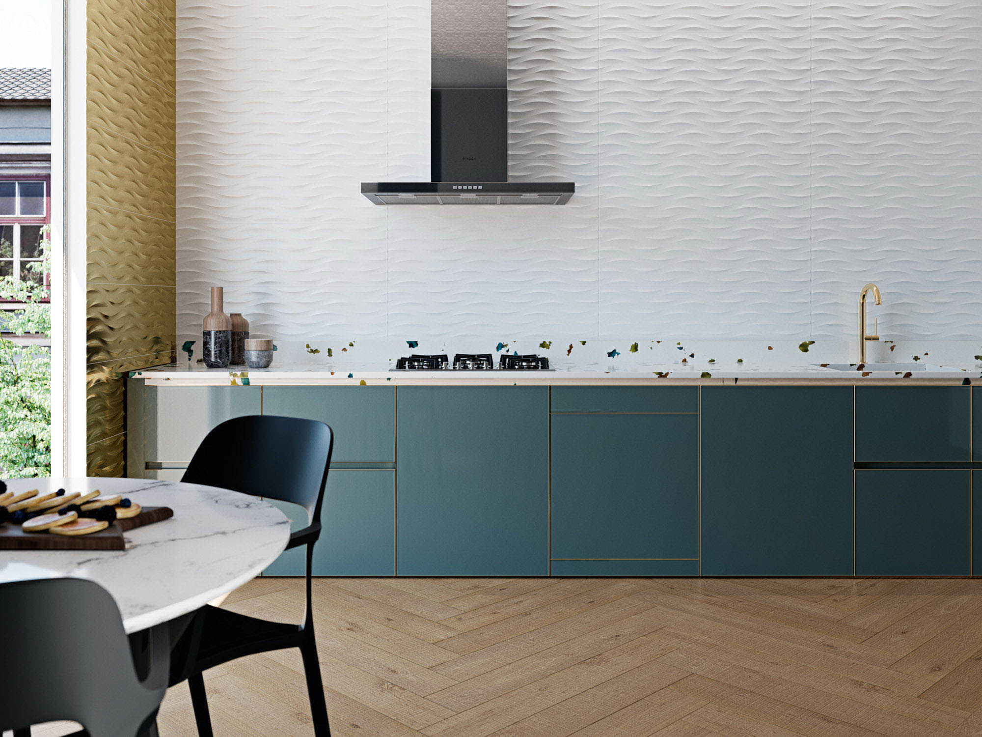 cocina blanca moderna con azulejos con relieve en la pared y suelo de madera