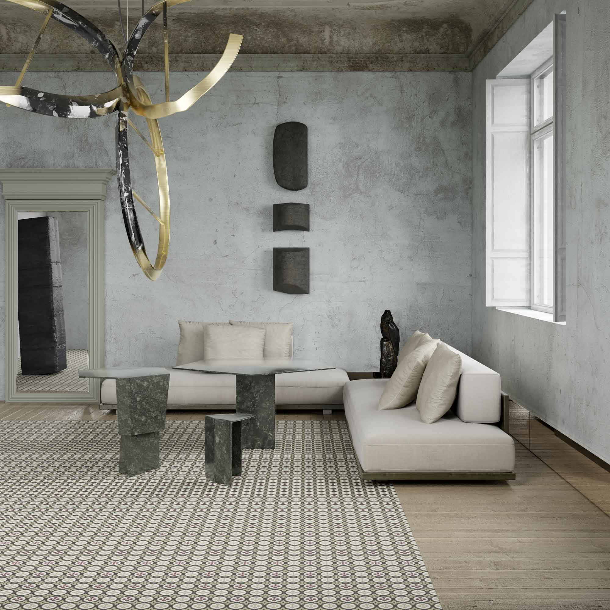japandi style living room with encaustic tiles