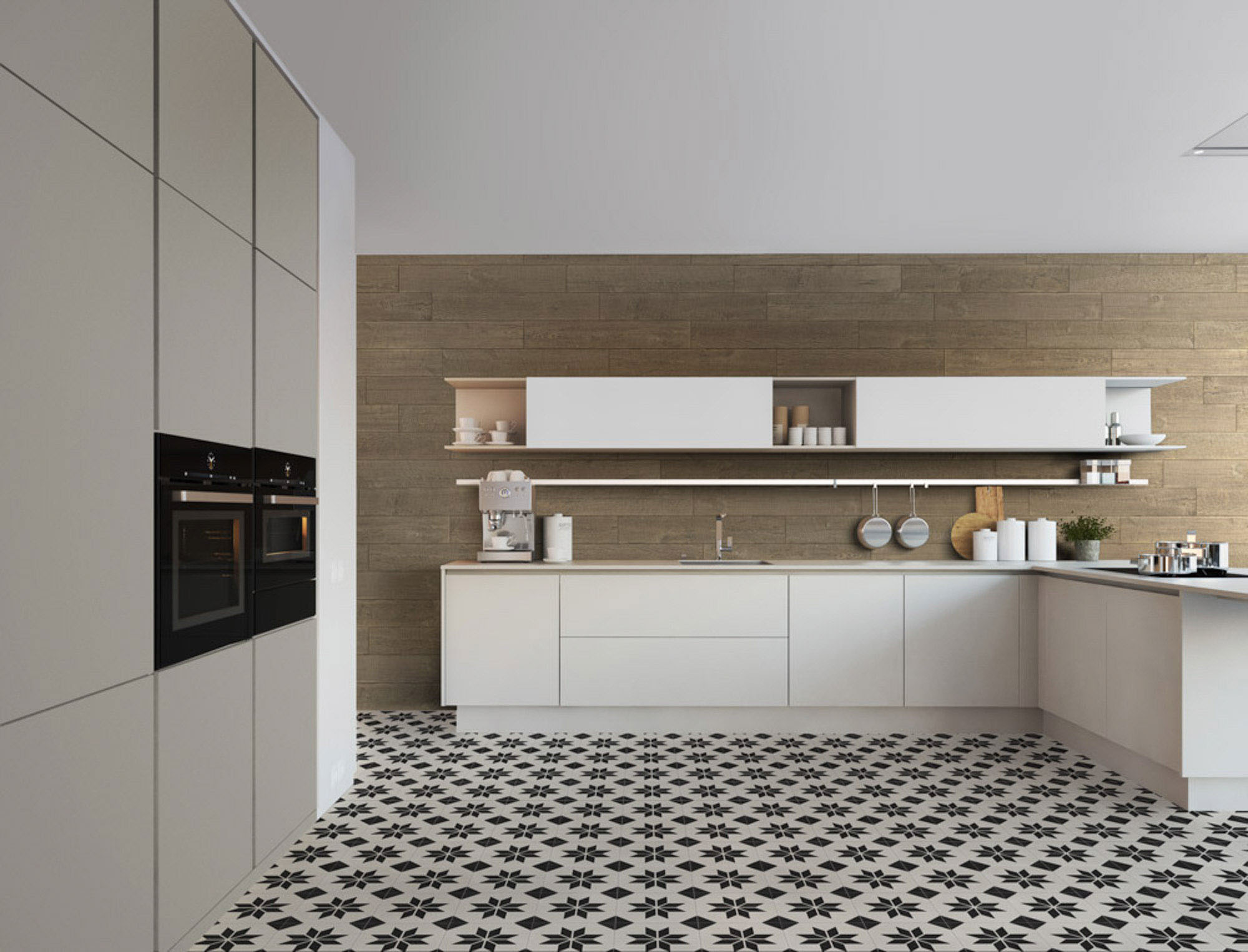 azulejos de Aparici en la cocina con suelo hidráulico en blanco y negro