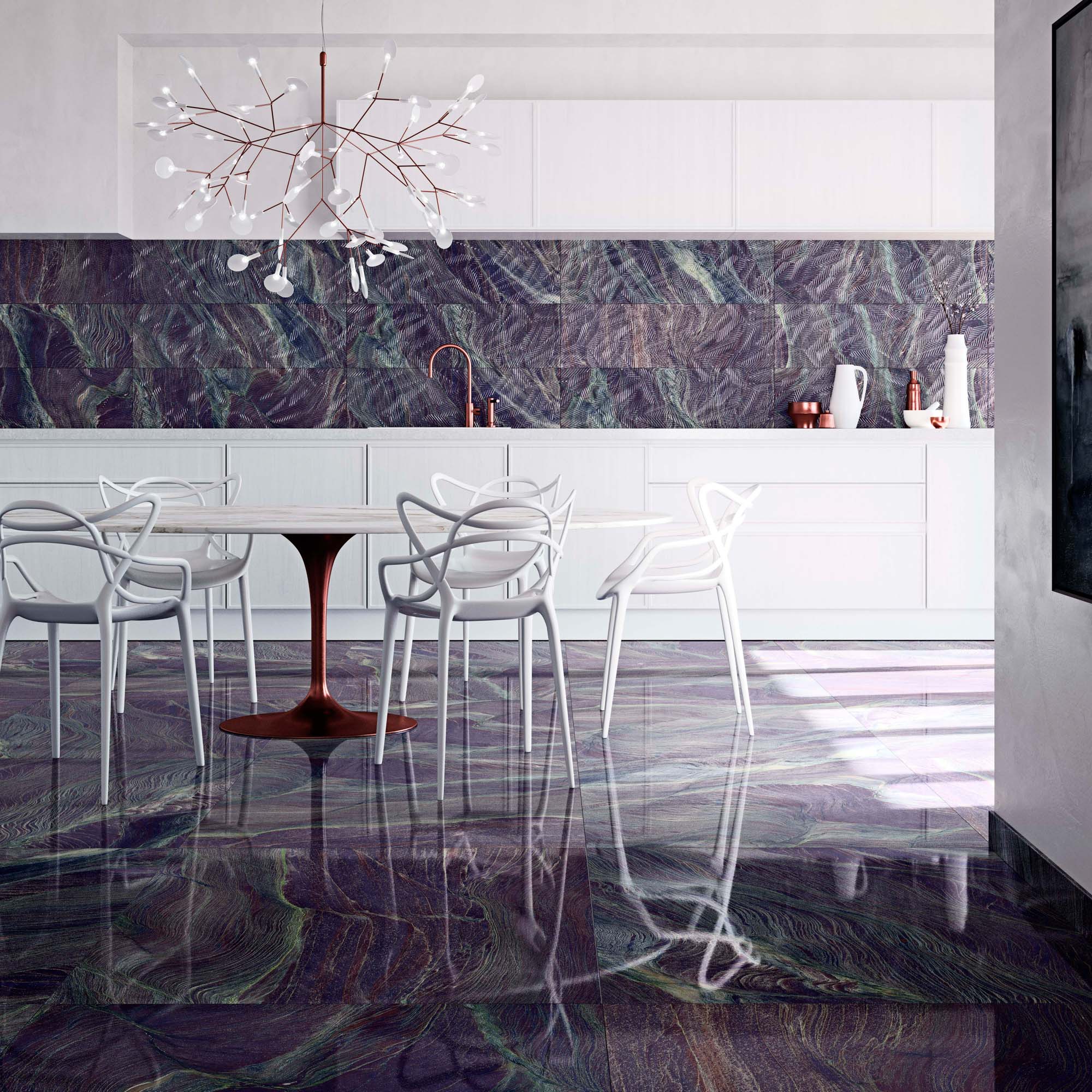 kitchen porcelain marble floor in purple marble with green veins