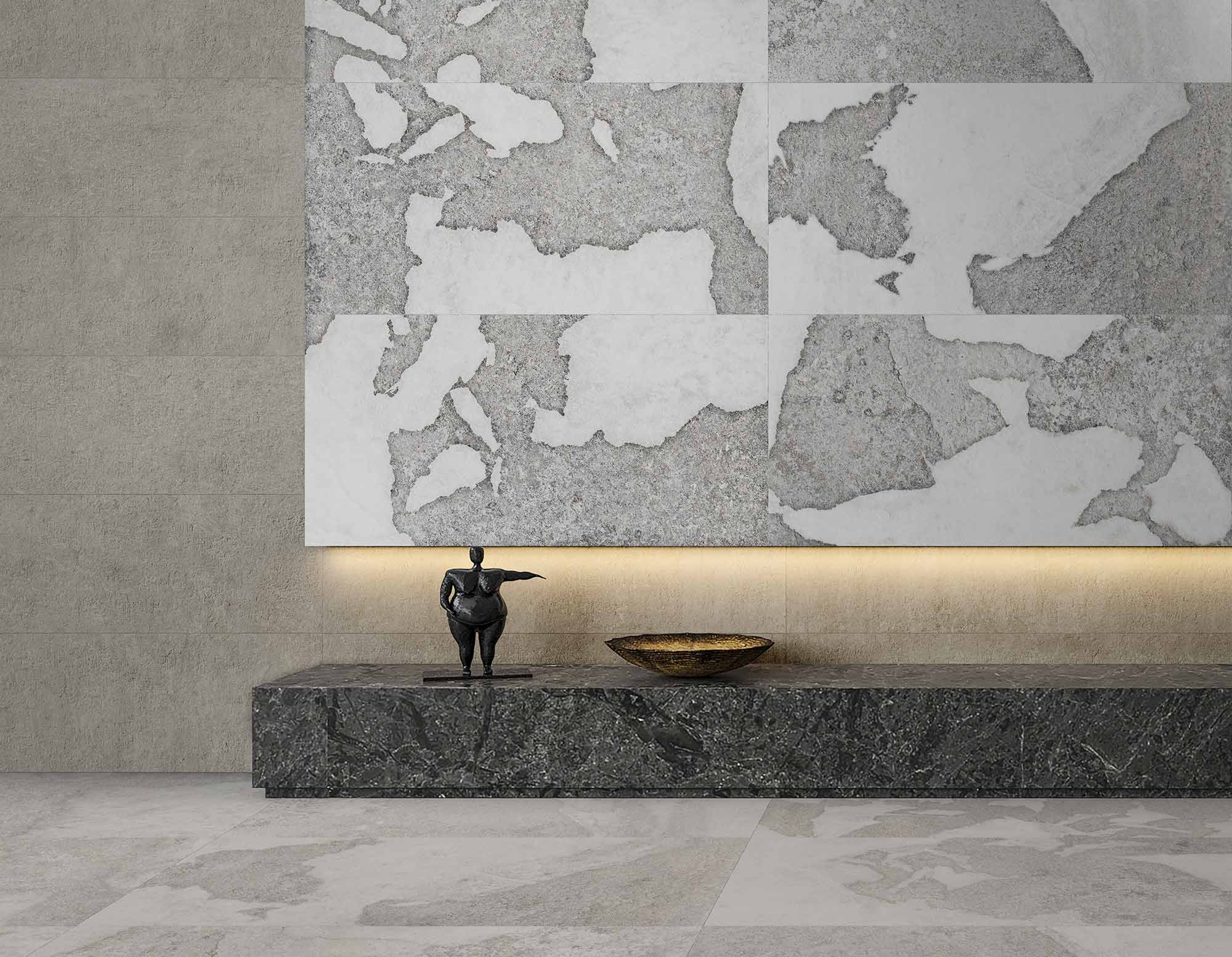 salón con chimenea con el suelo tipo piedra gris moderno y elegante